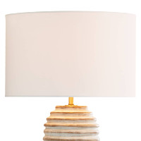 Carmel Wood Table Lamp with a white-washed, distressed wood body, carved ridges, and a large white drum shade.