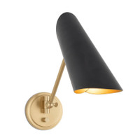 Vest Single Arm Sconce with conical blackened brass shade, natural brass interior, and swing arm.