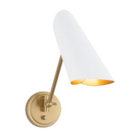 Vest Single Arm Sconce with conical white shade, natural brass interior, and swing arm.