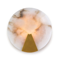 Houston sconce: round natural alabaster with warm light and a natural brass-finished metal frame.