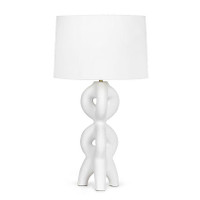 Jacob White Large Metal Table Lamp with sculptural, plaster-like base and natural linen shade.
