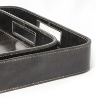 Derby Rectangle Leather Tray Set Black, genuine leather with built-in handles and contrast stitching.