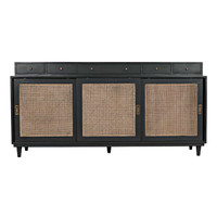 Dark mahogany Hermosa sideboard with caned cupboards, five drawers, and mid-century modern legs.