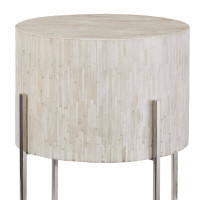 Bone Drum Table with intricate inlaid bone, soft shape, and polished nickel legs.