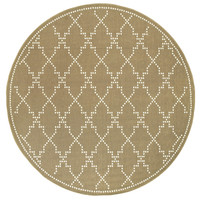 Oval Marina Tan & Ivory Outdoor Rug with white dotted trellis pattern.