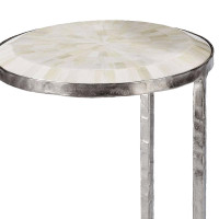 Round bone mosaic nesting table with a high-gloss top and polished nickel frame.
