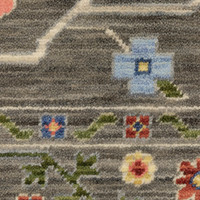 Close-up of Lucca Grey & Multi Traditional Rug, showing cross-woven wool/nylon with floral patterns.