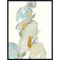 Abstract giclee painting "Sense Balance II" by Sara Brown, featuring stacked organic shapes in soft blues, greens, and gold leaf.