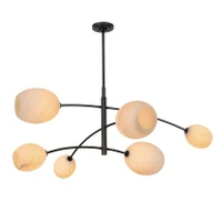Artemis Chandelier with oil-rubbed bronze frame and six open-ended alabaster-like glass globes.