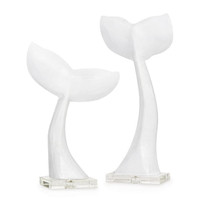 White resin whale tail tabletop accessories, a duo of unique whimsical decor.