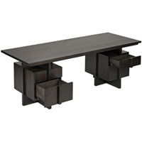 Modern ebony walnut bridge desk with clean lines and four open drawers.