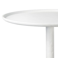 Matte white accent table with a round top and unique, sculptural curves.