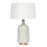 Glace ceramic table lamp with natural hues, brass base, and hand-rolled natural linen shade.