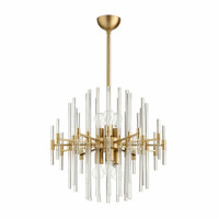 Small Montreal chandelier with aged brass finish and clear glass rods in a linear, geometric design.