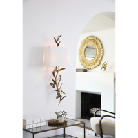 Trillium Shaded Sconce: Antique gold leaf branch design with a natural linen shade, 32.5" tall.