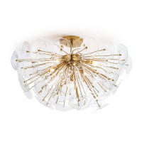 Poppy semi-flush mount light with clear undulating glass discs and natural brass rods.