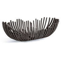 Sculpted webbed decorative bowl in blackened iron, featuring a unique open-bar design.