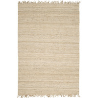 Beige hand-woven jute rug with a natural texture and fringed edges.