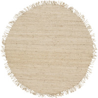Round beige jute bleach hand-woven rug with fringed edges.