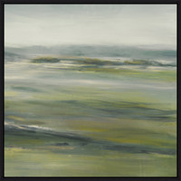 Abstract giclee painting, "Green Fields II," with earthy greens, grays, and whites in a black frame.