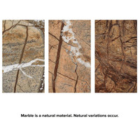 Three close-up panels show natural variations in brown and beige marble with white and dark veining.