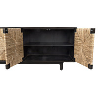 Brook 4-door black mahogany and natural seagrass sideboard with open doors revealing fixed shelves.