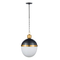 Otis Medium Blackened Natural Brass Pendant with a bold black metal dome and translucent white milk glass globe.
