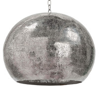 Polished nickel pierced metal sphere pendant, 18" wide, with organic perforated design.