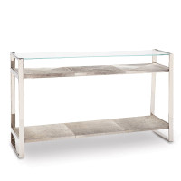 Andres Polished Nickel Hair on Hide Console with glass top and two hide shelves.