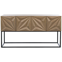 Bleached walnut console with four doors featuring carved diamond and rhombus patterns on a black steel base.