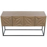 Bleached walnut console with four doors featuring hand-carved diamond and rhombus patterns on a black steel base.