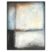 Abstract giclee painting with sunlit movement, featuring blues, creams, and dark tones in a black frame.