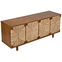 Brook 4-door teak sideboard with solid mahogany frame and natural seagrass woven doors.