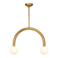 Happy Pendant Small Natural Brass light fixture with a curved metal frame and two matte white glass globes.
