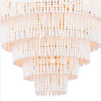 Waterfall White Beaded & Rattan Chandelier with cascading tiers of fresh white beads and warm light.