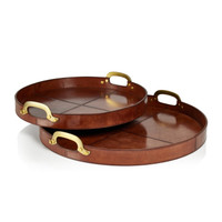Harlow Leather & Brass Handles Round Tray - Tray Top View | Bone & Brass