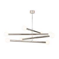 Modern Beaubien Chandelier with four swiveling chrome arms and eight white glass globe bulb covers.