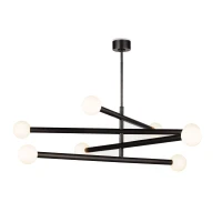 Modern Beaubien Chandelier with black arms and 8 white glass globe bulb covers.