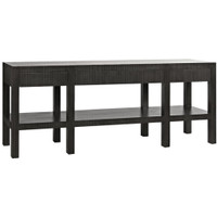 Conrad pale black solid mahogany console table with clean lines, textured drawers, and lower shelf.