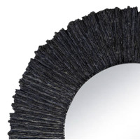 Close-up of a round slate black mirror with a rugged, textured frame, 36" diameter.