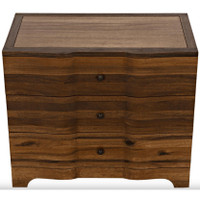Dark walnut Claud chest with three drawers, a ripple effect design, and ebony trim.