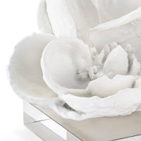 White magnolia bloom objet on a clear crystal base, 5" tall, modern glam style.