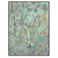 Abstract giclee painting with brush strokes in soft blush, mint, and warm tones, framed in black.