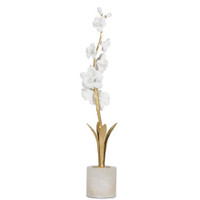 Elegant Thylane Orchid sculpture with white porcelain blossoms, gold-leaf stem, and a solid alabaster base.