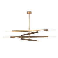 Modern Wick Chandelier in natural brass with four swivel arms and frosted acrylic bulb covers.
