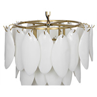 Lotus Petal Chandelier with three tiers of white glass petals and an antique brass frame.