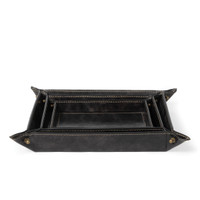 Black genuine leather nesting trays with brass button snaps, modern traditional style.