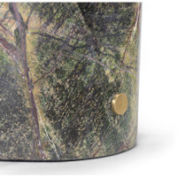Close-up of a Portia Marble Table Lamp base, featuring green and brown veined marble with a brass knob.