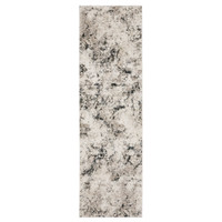 Nebulous ivory & grey abstract rug with dense, low-profile polyester yarns and multi-level texture.