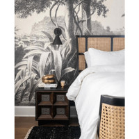 Portia mahogany bed with hand-rubbed black finish, natural cane paneling, and curved headboard.
